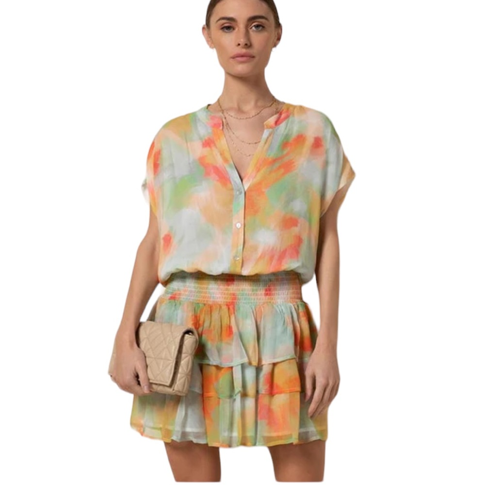 NWT Tart Kalli Mini Drop Waist Dress in Tie Dye Bouquet Pastel Orange - S